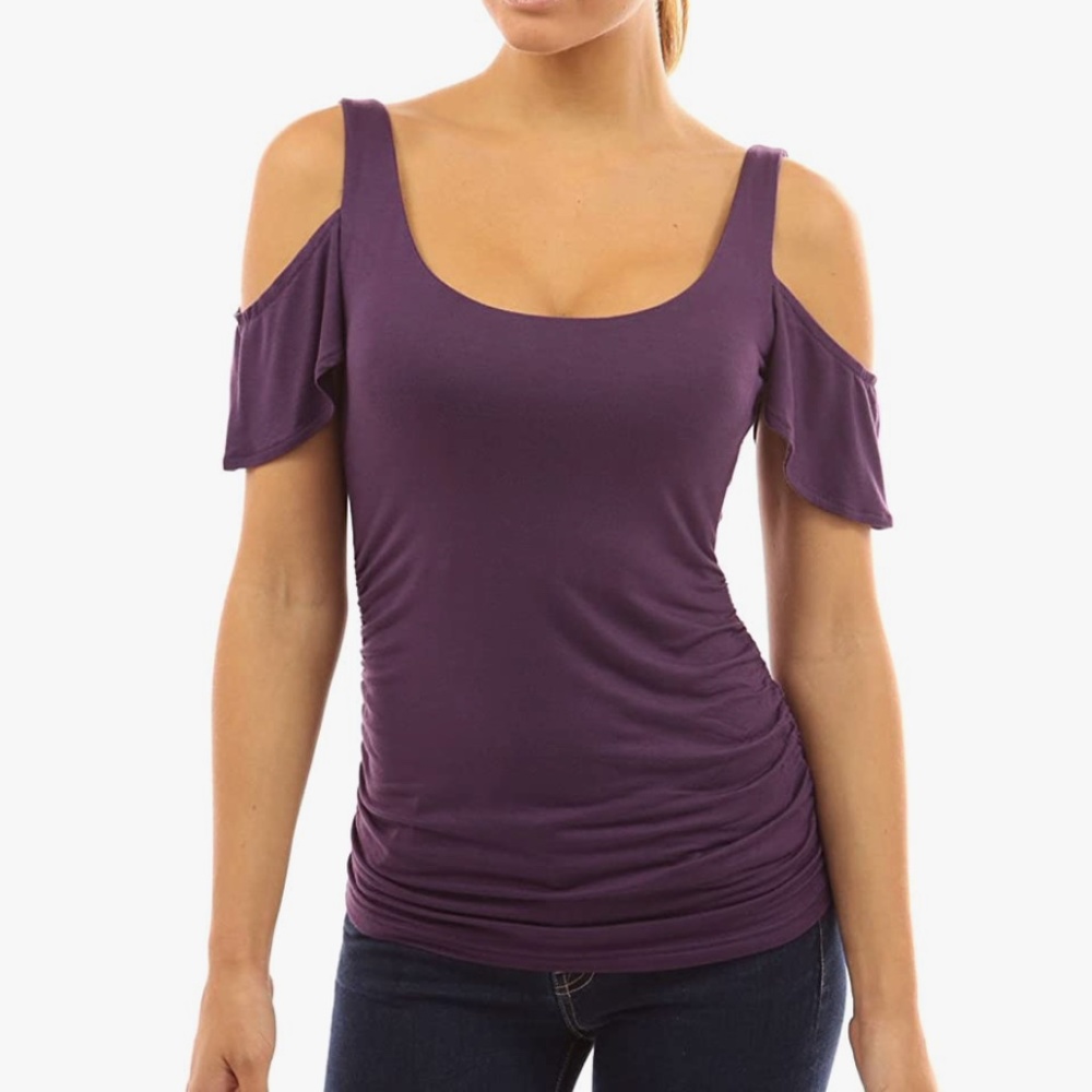 PattyBoutik Women's cold shoulder great purple color-ruched sides-SIZE MEDIUM